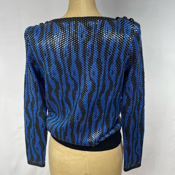 Vtg 80s Glam St. John Knit Sweater Blue Zebra Top Rock Sequin Shiny Retro Print - Picture 2 of 16